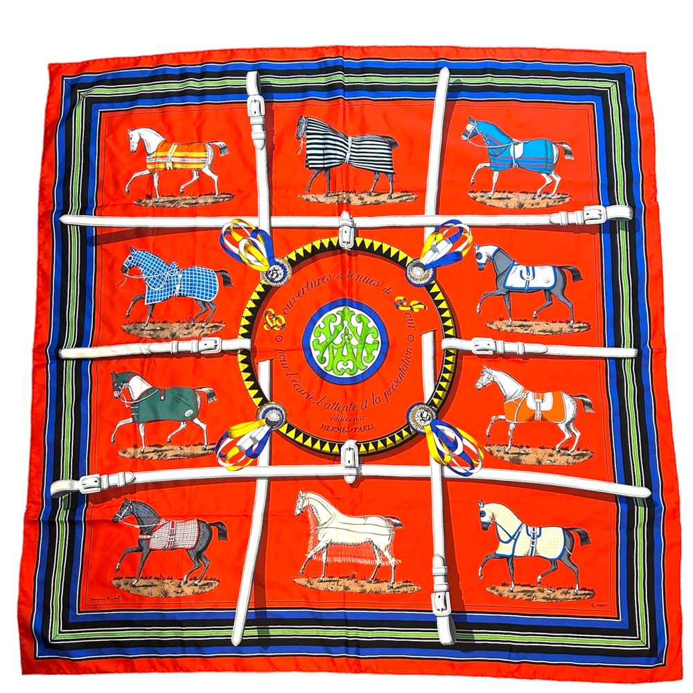 Hermes X Large Square Scarf Horse Equestrian Silk Red Couvertures Tenues Jour